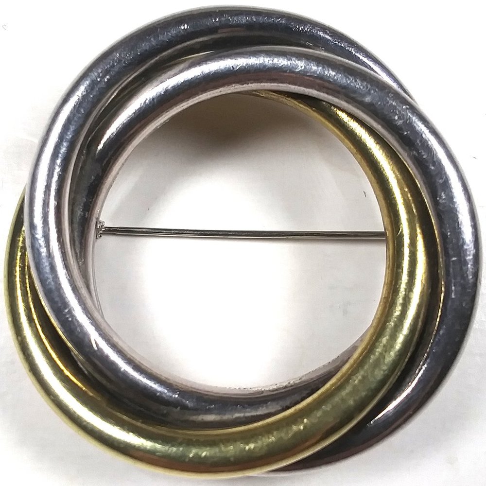 Circular Braided Brooch .925 Silver and Gold Plate Marked Taxco Mexico